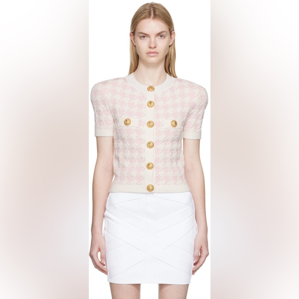 Houndstooth Pink & White Balmain Short Sleeve Cardigan With Gold Buttons